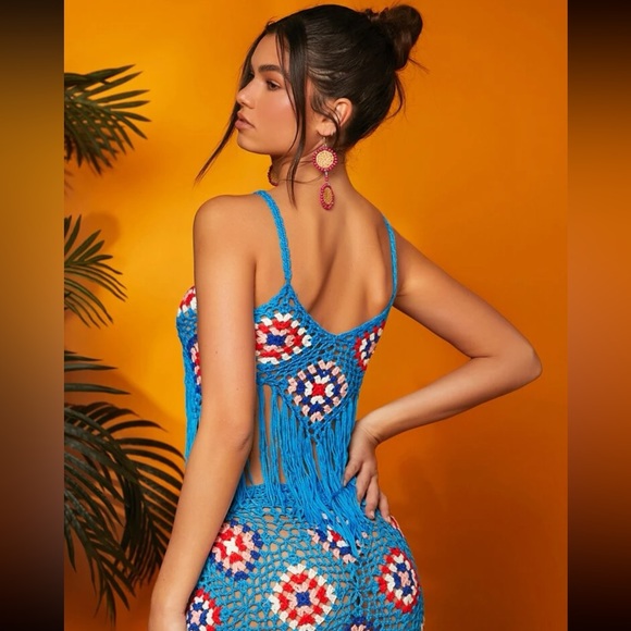 #135 Crochet 2 pieces Floral Patterns Tassel Trim Pointelle Kint Top And Skirt - Picture 4 of 6